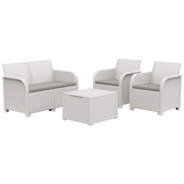 Rosalie - Salón de jardín de poliratán con sofá + 2 sillones + mesa auxiliar No Brand Blanco