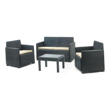 Arena - Salón de jardín de poliratán - Sofá + 2 sillones + mesa de centro Progarden Antracita